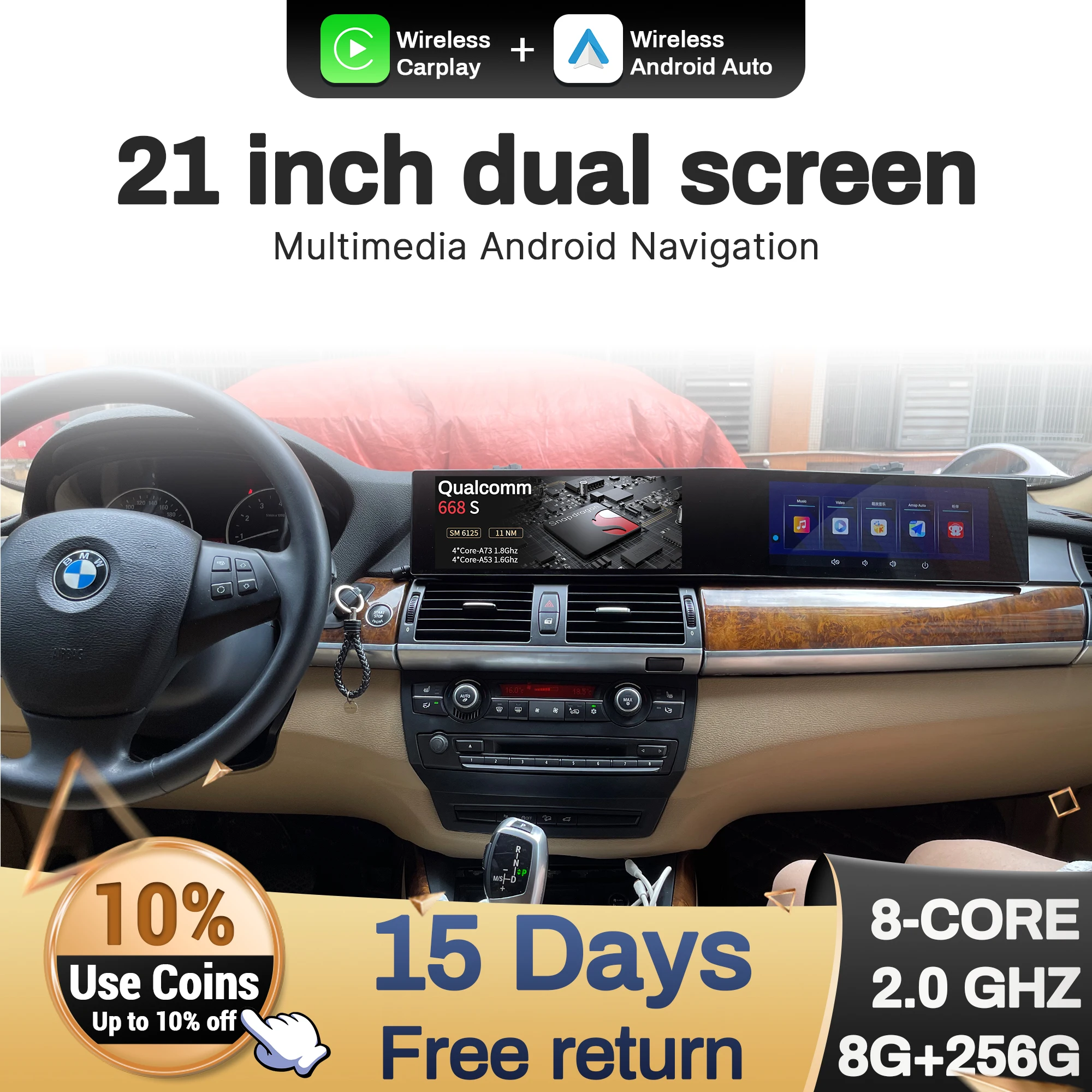 

21 inch For BMW X5 X6 E70 E71 2007-2013 Android Radio Wireless Apple Bluetooth Carplay Multimedia Touch Screen Stereo