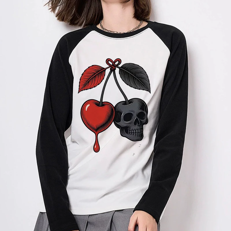 

Y2k Футболка с круглым вырезом и длинными рукавами с принтом вишни и черепа Женская футболка с рисунком Y2k Повседневные винтажные футболки Топы Футболка Одежда