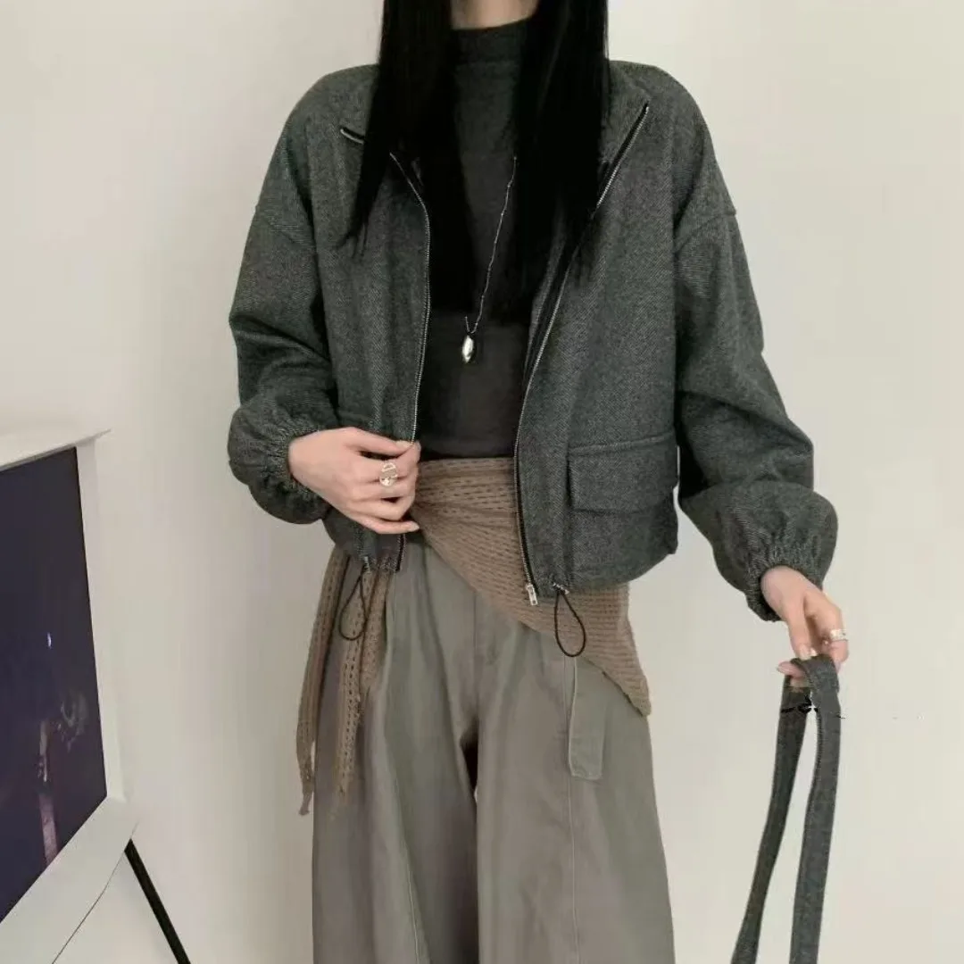 

Women's Woolen Coat Korean Sle Winter New Loose Zipper Stand Collar ort Top Match Bag Faionable Versatile Commute