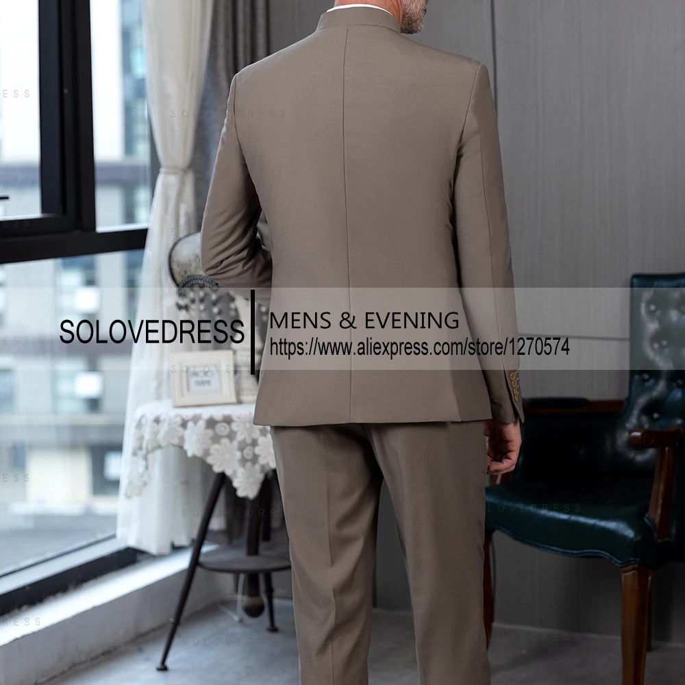 Classic 2 Piece Men\'s Slim Fit Solid Color Stand Collar Wedding Suit (Blazer+Pants)