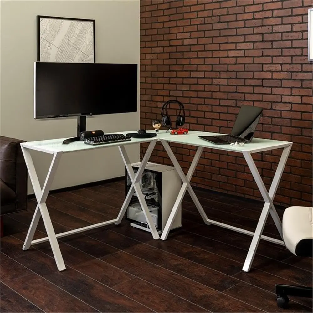 

Modern X Leg Glass Top Corner Computer Gaming L Shape Desk Home Office for Gaming Room or Office, 51 Inch, White