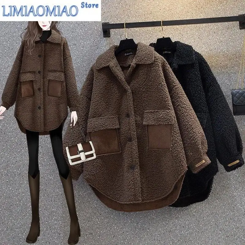 New Women Grain Lamb Wool Jacket Autumn Winter Fat Sister Is Thin Thick Lamb Wool Chic Hong Kong Style Design Female Coat