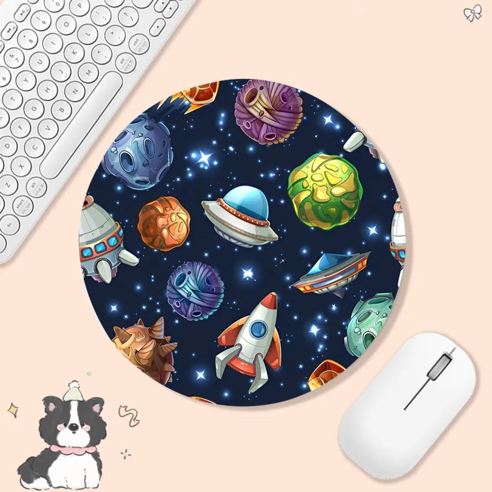 Outer Space Planet Stars Moon Spaceship Animation Round Office Computer Desk Mat Table Mouse Pad Laptop Cushion Non-slip for PC