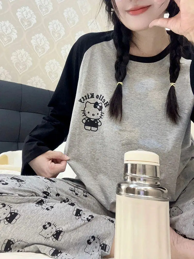 Casual Hello Kittys Spring Autumn Long Sleeved Pajama Set Black Gray Color Long Pajamas Suit Winter Warm Homewear Christmas Gift