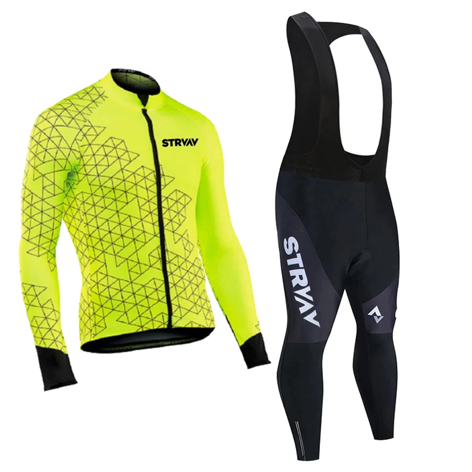 STRVAV-Cycling Jersey Set for Men, Road Bike Shirt, Bicycle Tights, MTB Maillot Culotte, Green Clothing, Autumn, 2023