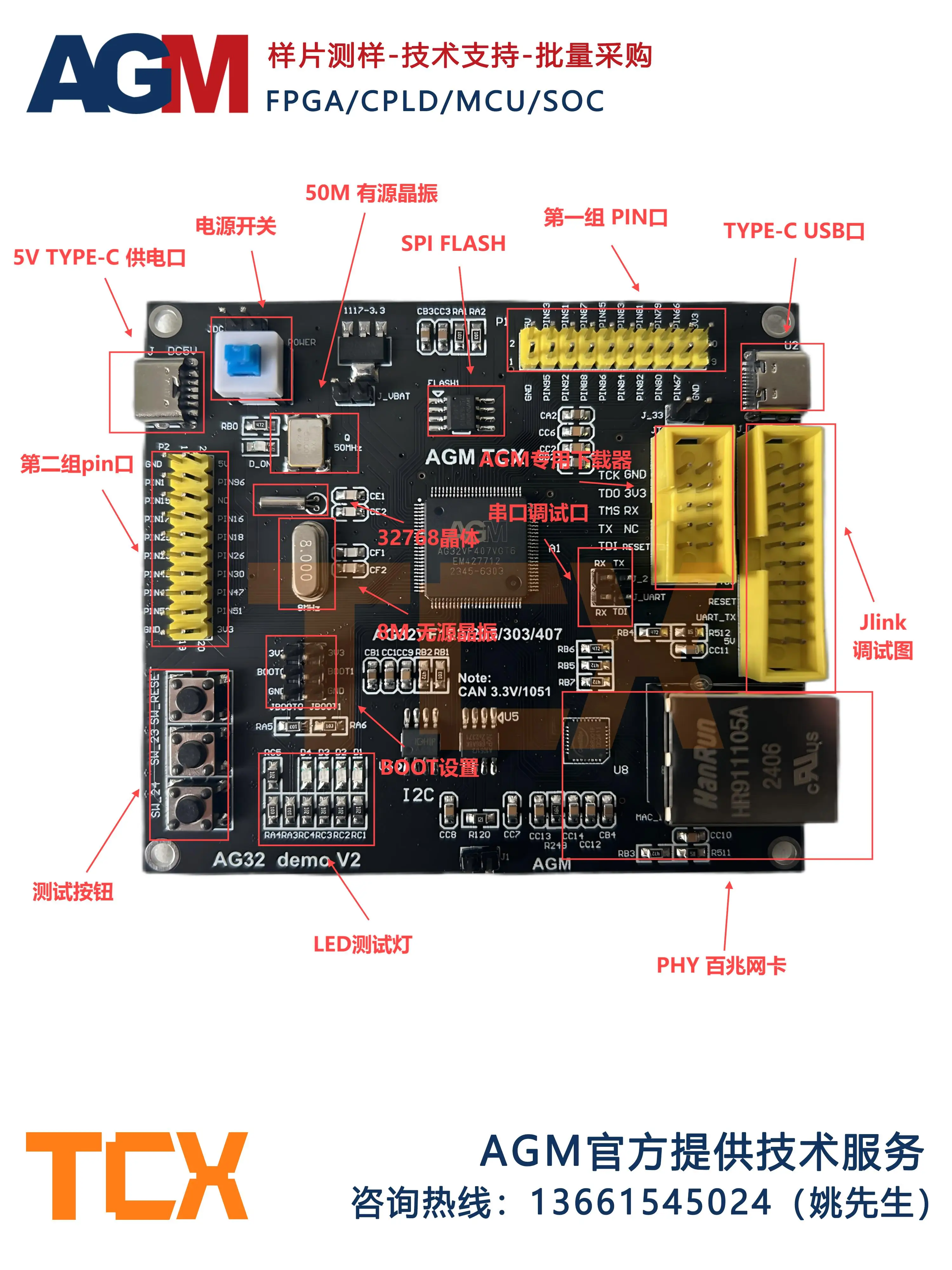 AGM MCU AG32VF407VGT6_V2(100pin) DEMO development Board The core board is embedded with a 2K FPGA