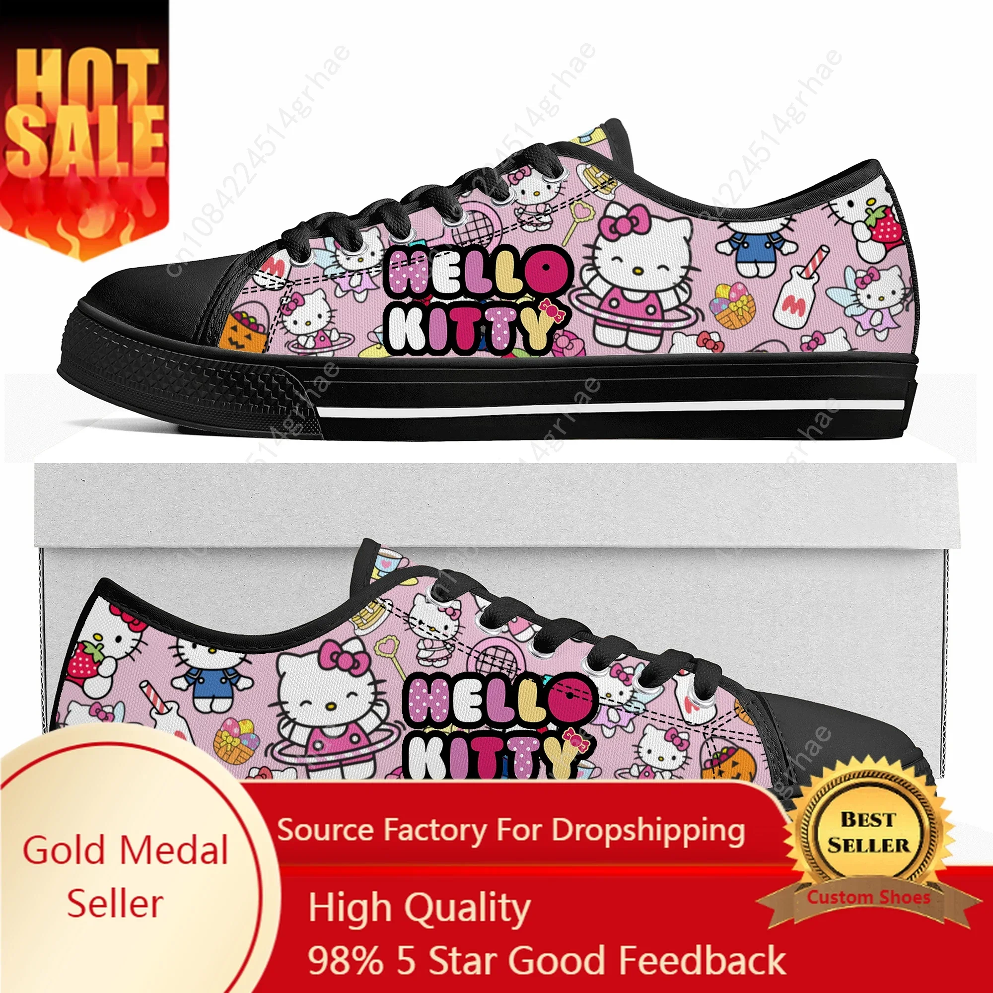 Hello Cute Cartoon Pink Cat Low Top Sneakers Womens Mens Teenager High Quality Canvas Sneaker Casual Comics Customize Shoes