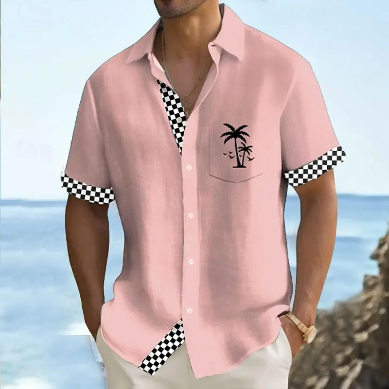 Camisa de férias havaiana xadrez monocromática masculina, blusa de manga curta com lapela, confortável e respirável, ao ar livre, verão