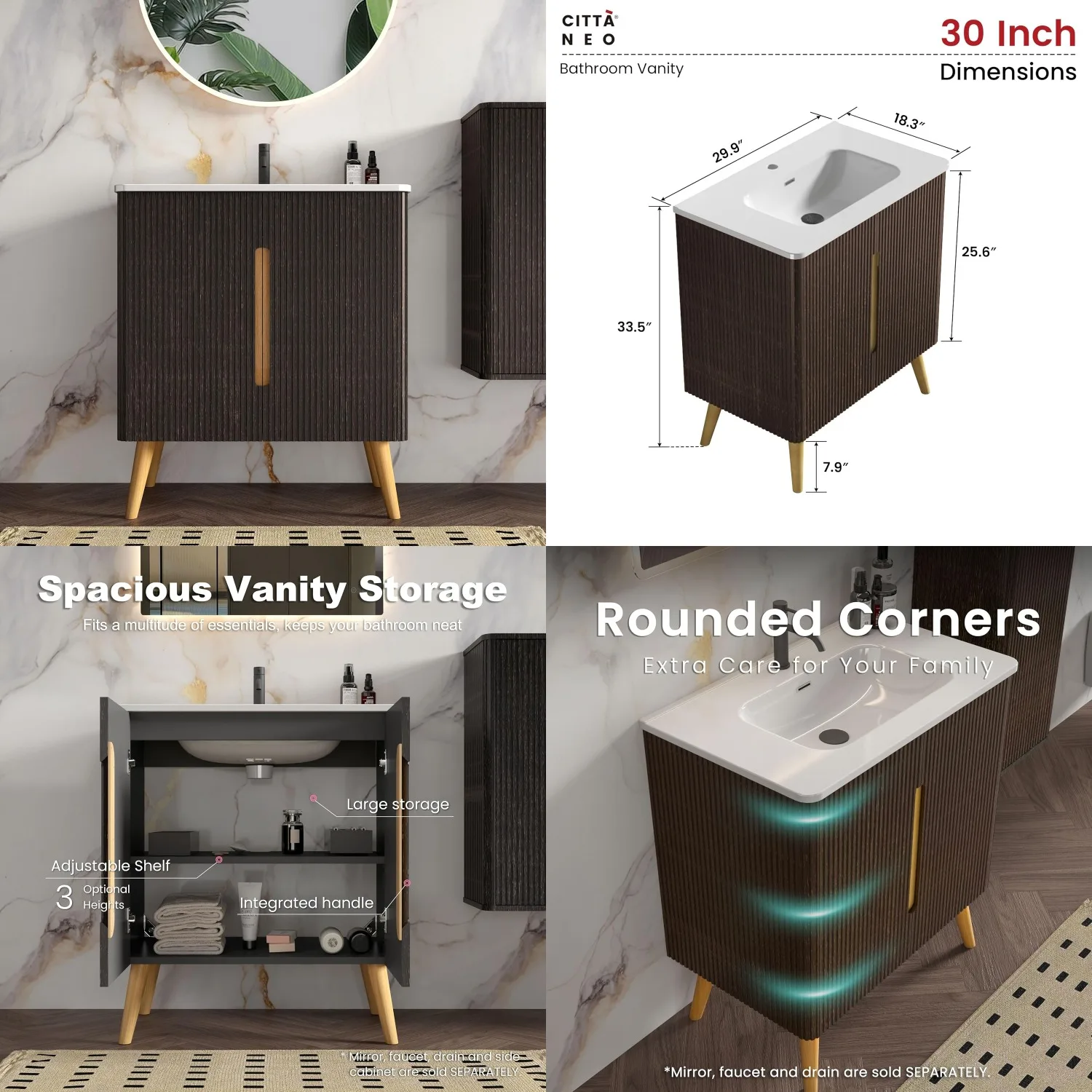 

30" Contemporary Bathroom Vanity with Sink, Mid Century Bathroom Cabinet with Soft Close Doors, Large Storage with, Customized