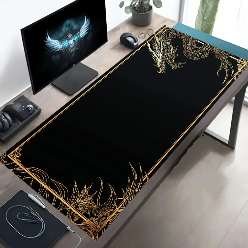 Large Black Golden Dragon Gaming Mousepad Non-Slip Rubber Base Ergonomic Design Washable Surface Deskmat Office Home Laptop PC