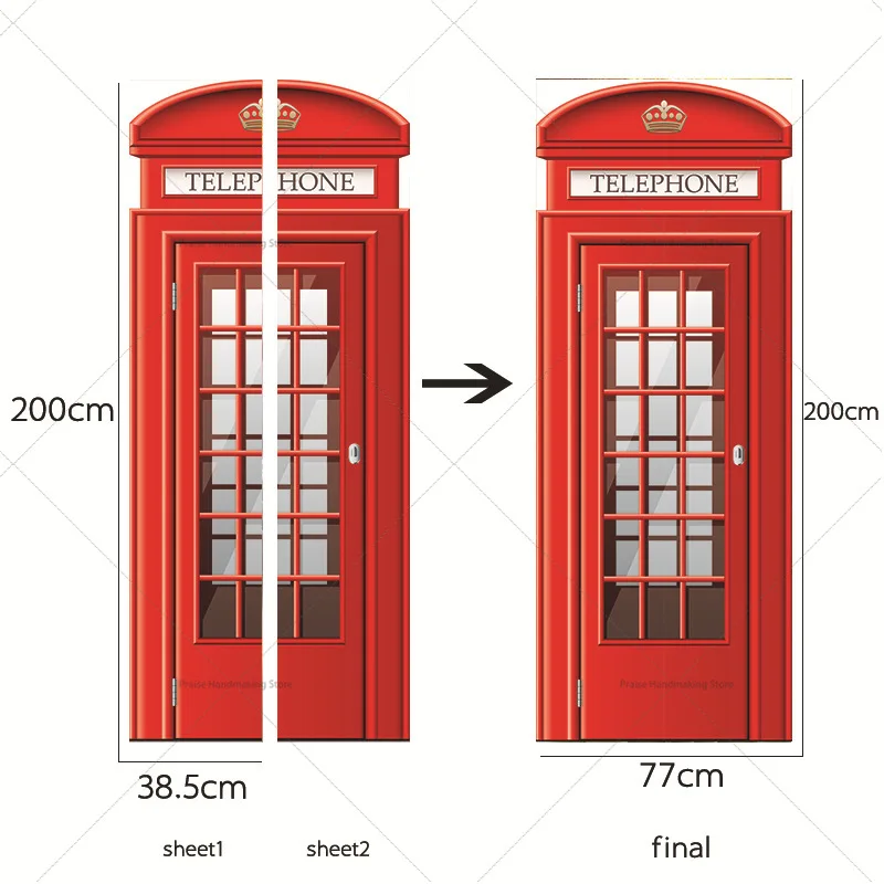 Red Street Telephone Booth Door Stickers, Living Room Entrance Wall Decoration Stickers, Street Scenery Vinyl Waterproof Self-ad