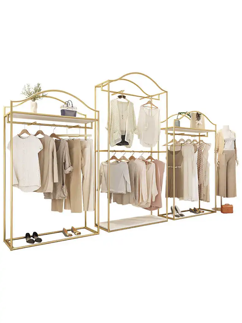 rw-Wholesale Modern Luxury Clothing Store Double Layer Side Hung Gold Clothes Hanger Floor Type Clothing Display Frame!