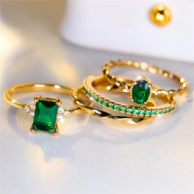 Luxury Female 4pcs Green Zircon Stone Ring Set Trendy Yellow Gold Color Engagement Cute Bride Wedding Jewelry Gift for Women