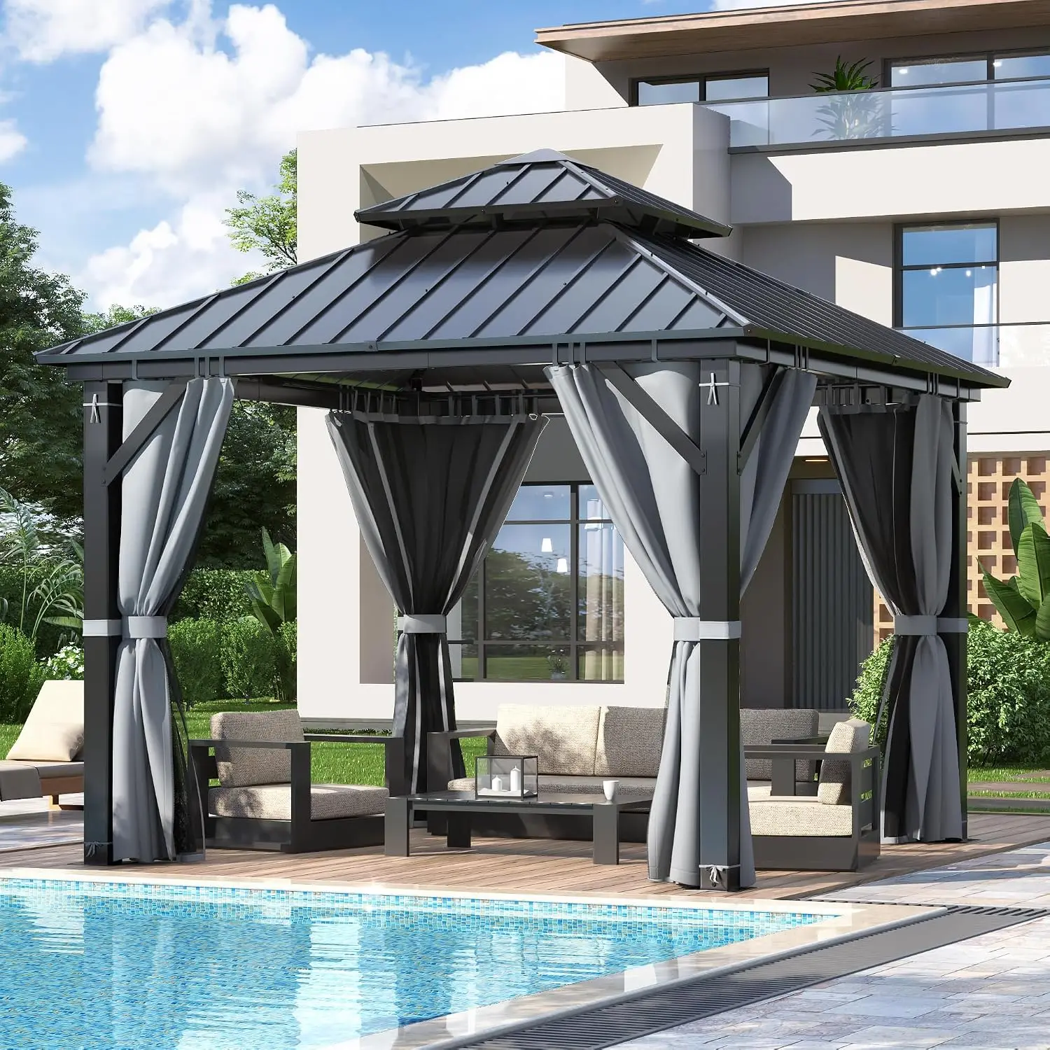 9.5x9.5FT Outdoor Hardtop Gazebo with Double Roof | Heavy-Duty Steel Top Gazebo with Breathable Netting & Privacy, Custom