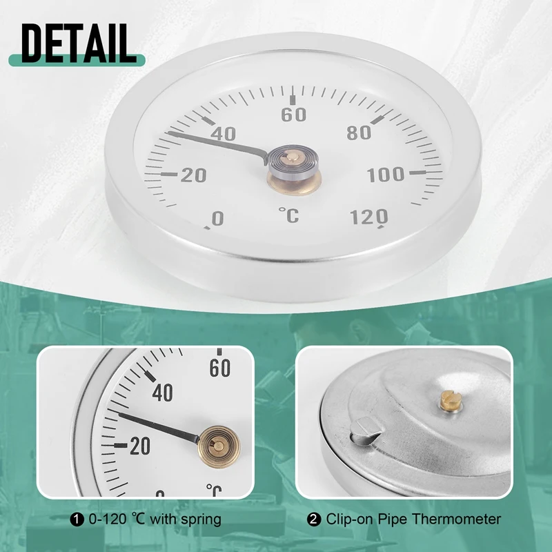 63Mm Pipe Clip-On Dial Thermometer Temperature Round Plate Gauge With Spring,Range 0-120℃, Aluminum Case, 5Pcs Set