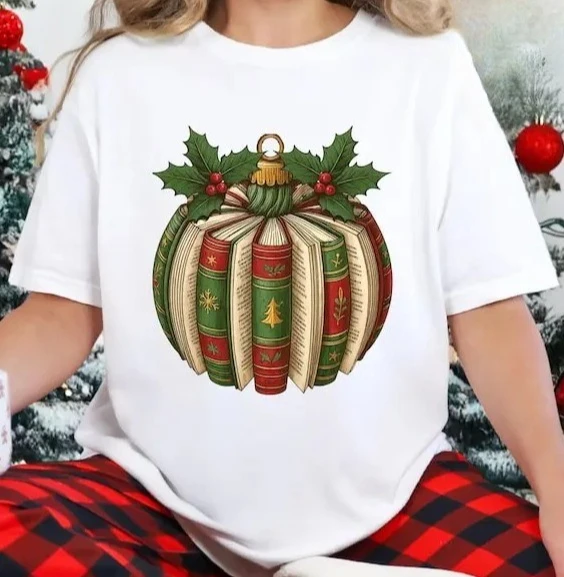 Libro de Navidad calabaza camiseta para mujer Retro invierno Navidad libro camisa Navidad camisa Harajuku manga corta Casual
