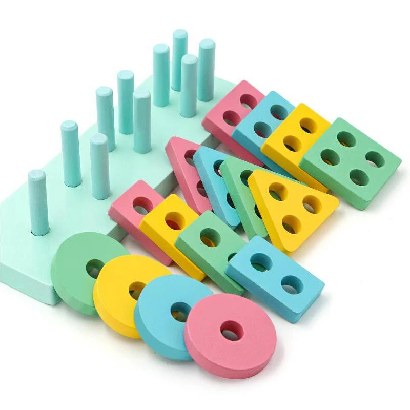 Building Block Four Sets Columns Geometric Sleeve Column Children Montessori Early Education Shape Matching Color Cognitive TMZ