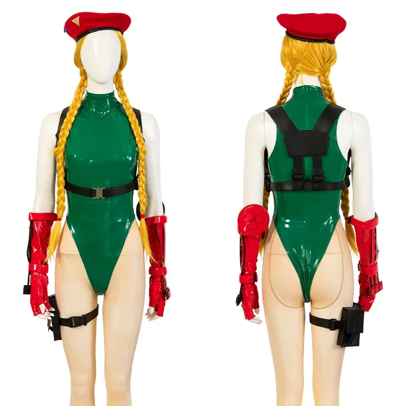 Fighting Game SF Cammy White Cosplay Leather Suit Bikini Bodysuit Glove Hat Strap Wig Stocking Halloween Costumes Women Jumpsuit