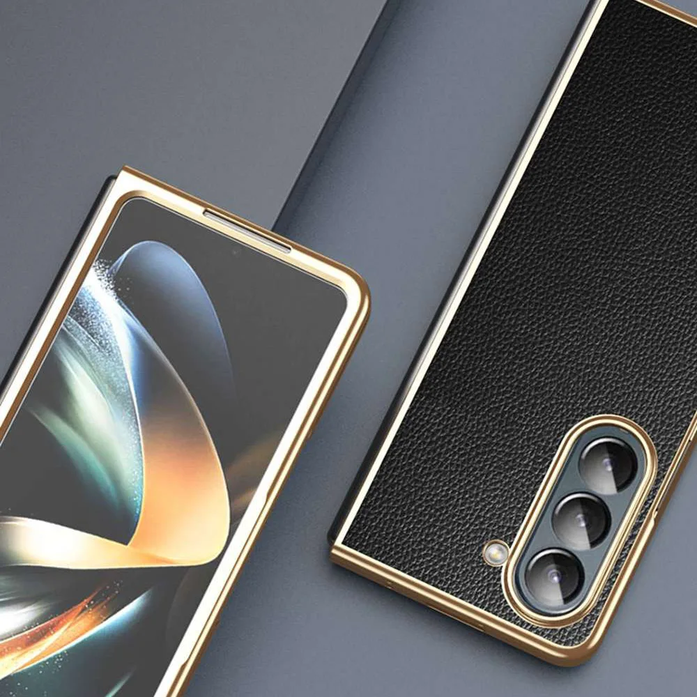 Genuine Leather Case For Samsung Galaxy Z Fold 3 4 5 6 7 Case Plating Coque For Samsung Z Fold3 Fold4 Fold5 Fold6 Fold7 Cover