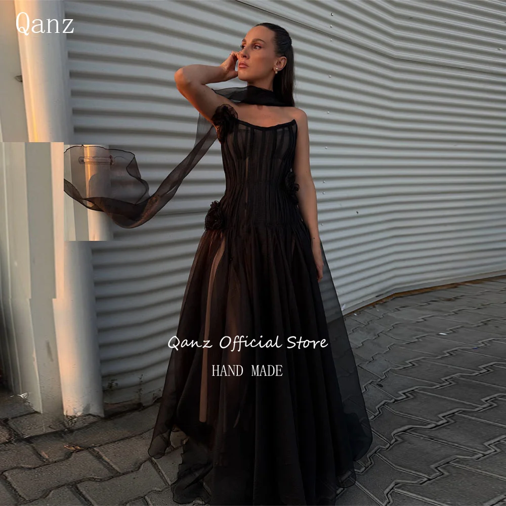 

Qanz Black Prom Dresses Long A Line Formal Evening Dress Women Flowers Floor Length Vestido De Gala Noche Mujer Customized