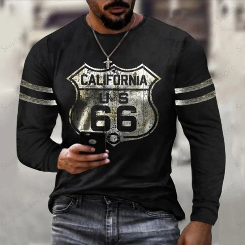 

Vintage Men's Long Sleeve T-shirt 3d Route 66 Print Graphic T Shirts Men Women Fashion Tops Tees Men's Clothing Outwear Tops