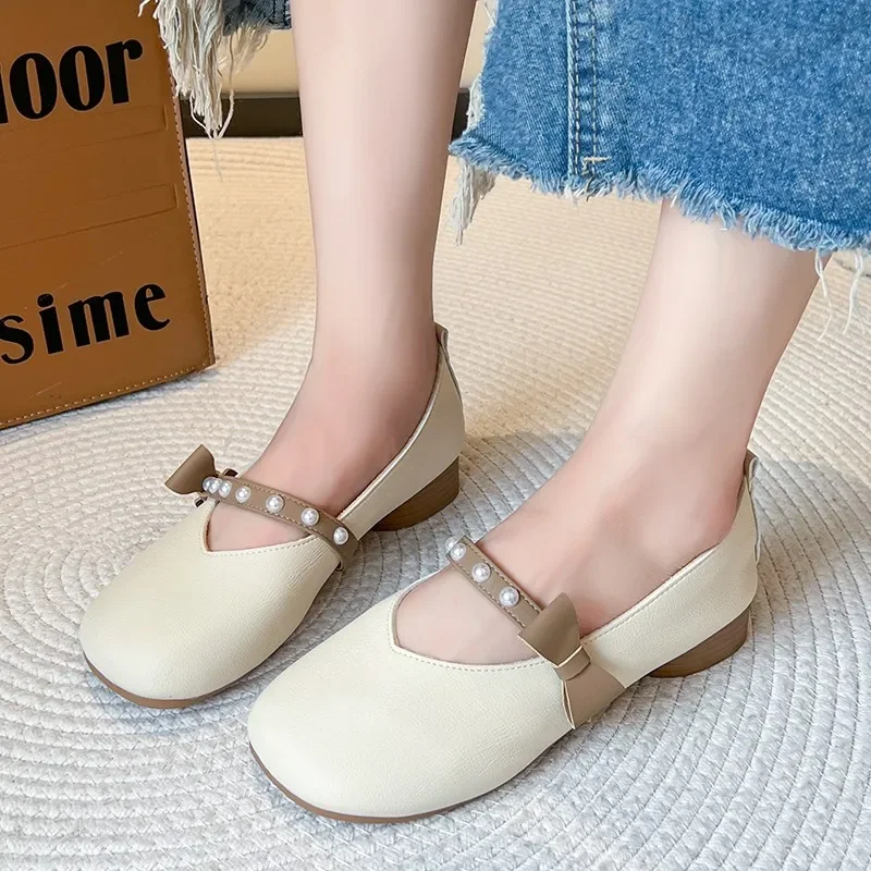 2024 New Fashion Hot-selling Solid Color Round Toe Shallow Slip-on Solid Color Beaded Decorative Women's Heel Shoes Zapatos