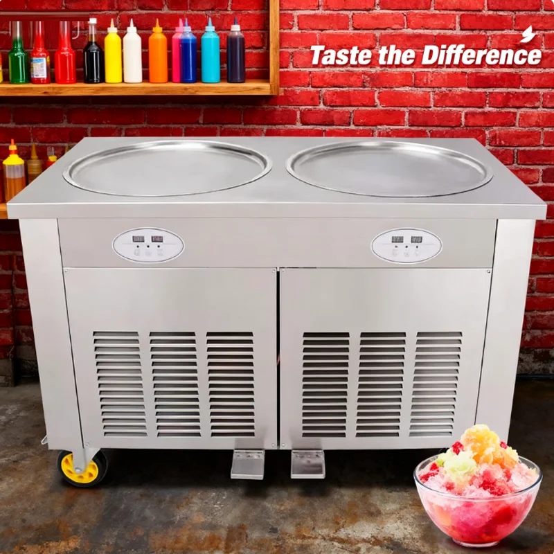 

Новая машина для формования жареного йогурта из Таиланда 450 мм с электрической двойной круглой кастрюлей, машина для жареного мороженого