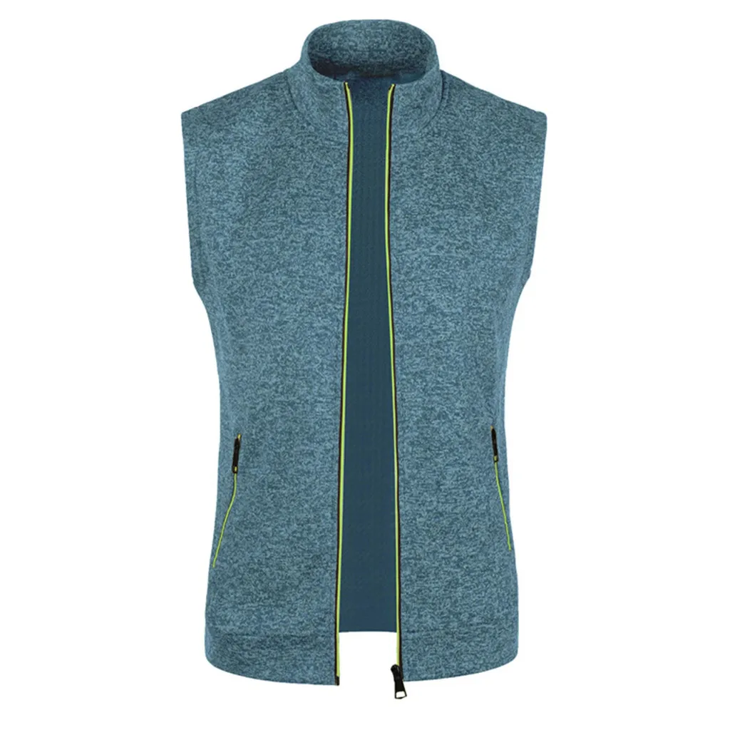 Autumn And Winter Men'S Knitted Velvet Fashion Casual Top Zipper Vest Sleeveless High Neck Fleece Solid Color Men'S Wear