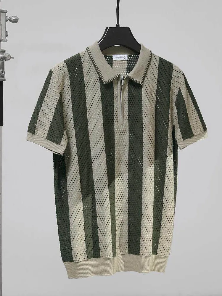 

2026 New Men's Briti Stripe Hollow ort Sve irt Casual Summer Personali Turn-down Collar T-irt Knitted Fabri...