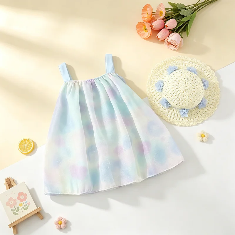 2Pcs/set Baby Girl Summer Outfit Sweet Toddler Suspender Dress 3D Flower Children Beach Sundress Kid Daily Costume With A Hat