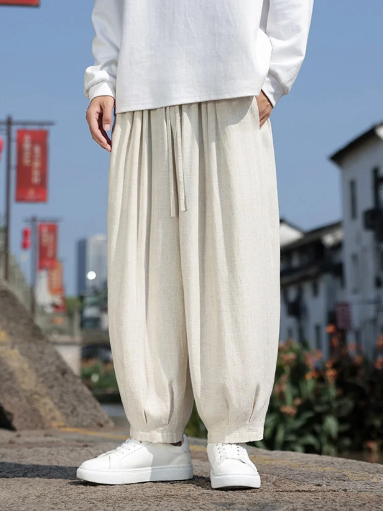 

Men's Casual Loose Leggings Wide Leg Pants New Chinese Sle Linen Cotton Lantern Pants Autumn Spring New Arrival