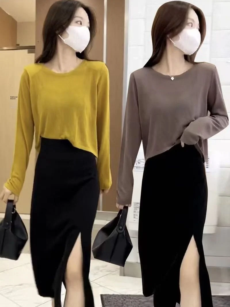 

Spring 2026 Women's Slimming Ice Silk Knitted Top And Half Skirt Set Thin Fashionable Two-Piece Suit Polyester Fiber Long Sleeve
