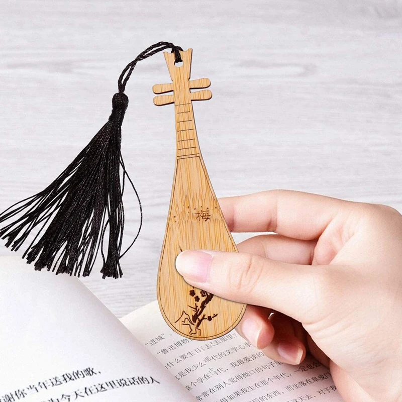 4PCS Bamboo Wooden Bookmarks With Tassels Retro Classical Musical Instrument Bookmark For Book Lovers