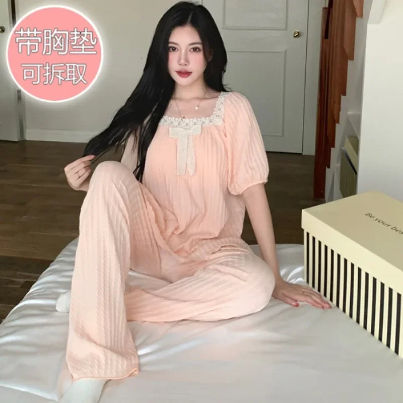 5XL Plus Size 3pc Set Women Cotton Pajamas Set with Chest Pad Short Sleeves Tops Shorts and Trousers Korean Sweet Homewear 120kg