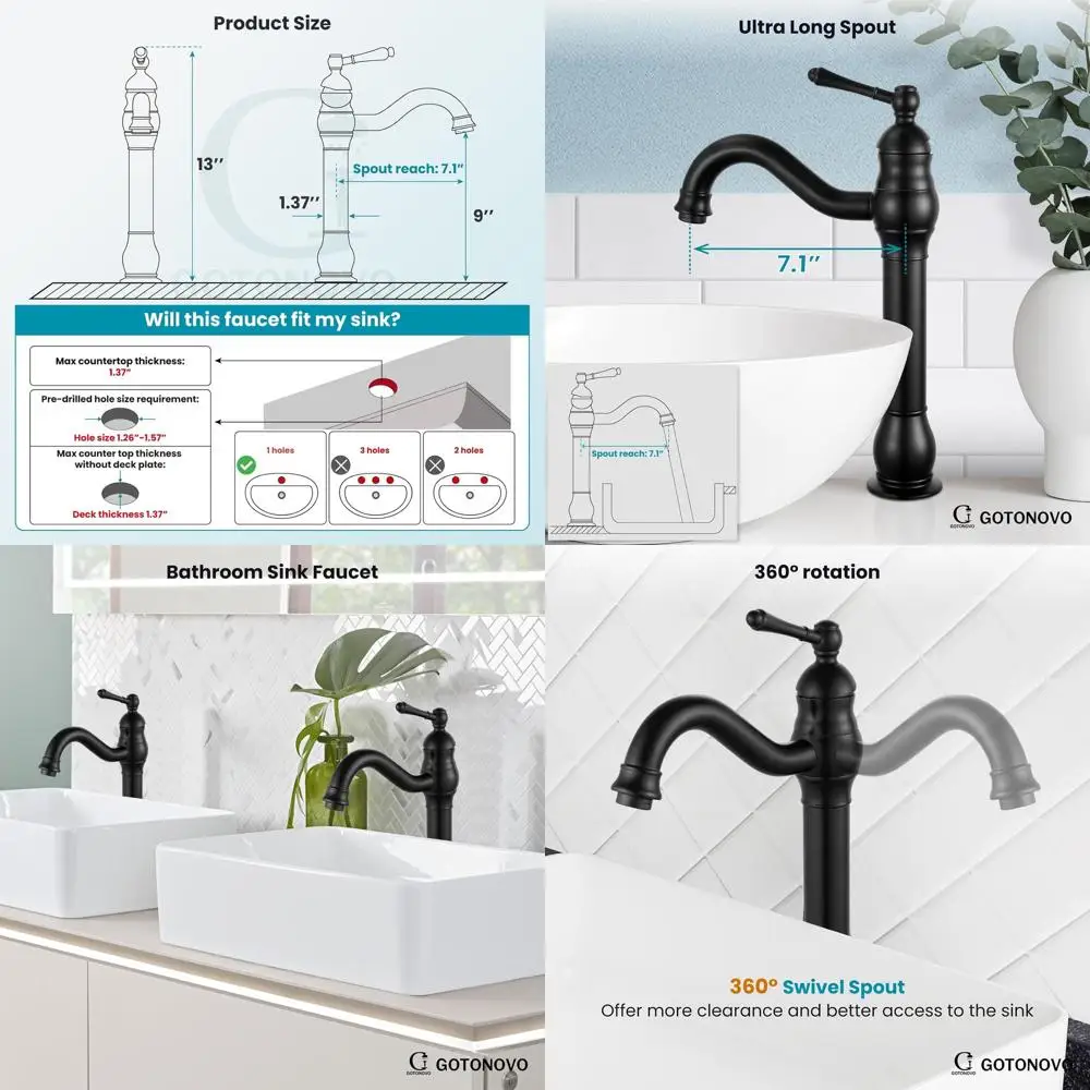 

Однорычажный смеситель 360° ° Высокий смеситель для ванной с поворотным изливом и выдвижным сливным клапаном, матовый черный