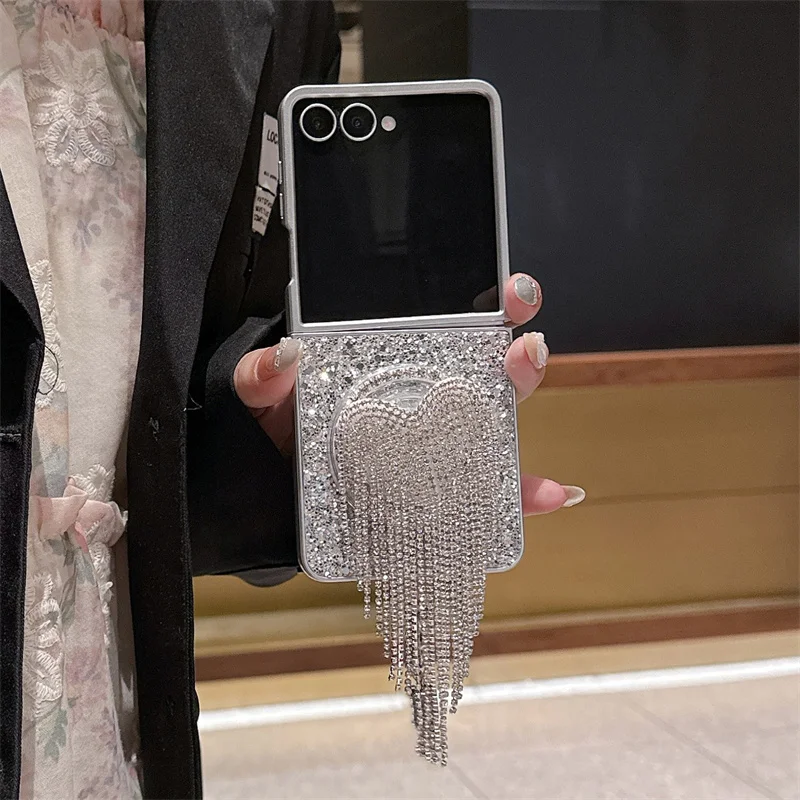 الماس شرابة القلب حامل المغناطيسي قضية الهاتف لسامسونج غالاكسي Z فليب 7 6 5 4 3 Flip6 Flip7 غطاء مع سلسلة ل Magsafe كابا