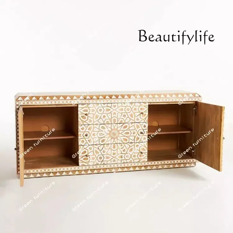 

BJ Entrance Foyer Designer Model French All Solid Wood Carving Flower Dining Side Cabinet Retro Old Decorative Storage