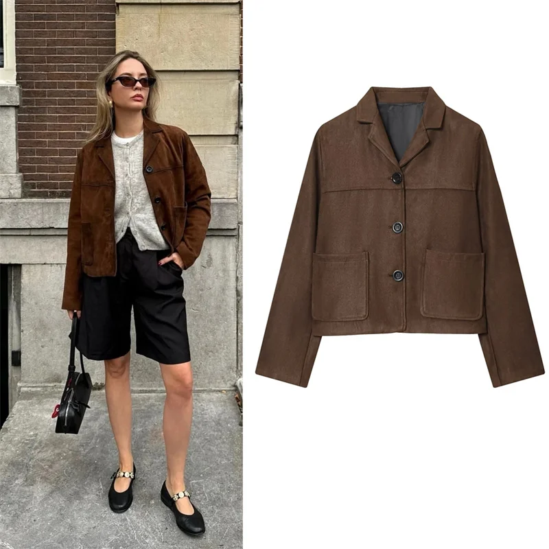 

Women's Jacket 2025 Autumn New Arrivals Reddish-Brown Long-Sleeve Single-Breasted Simple Short Jacket Casual Fashion Versatile