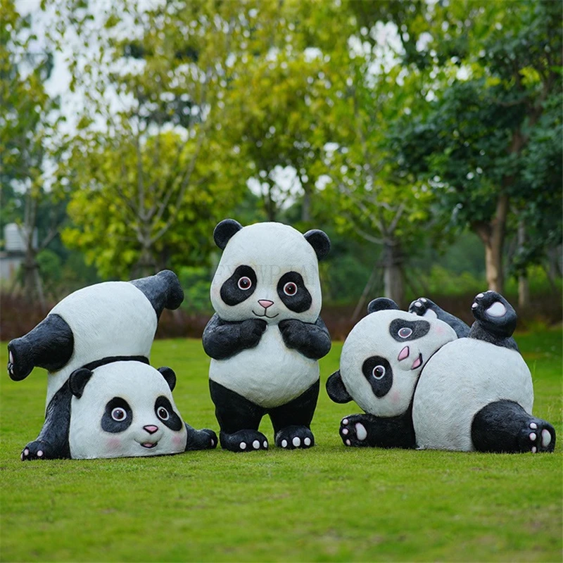 

Simulation Chinese Panda Outdoor Cartoon Panda Sculpture Fiberglass Animal Ornaments Kindergarten Community Garden Decorations