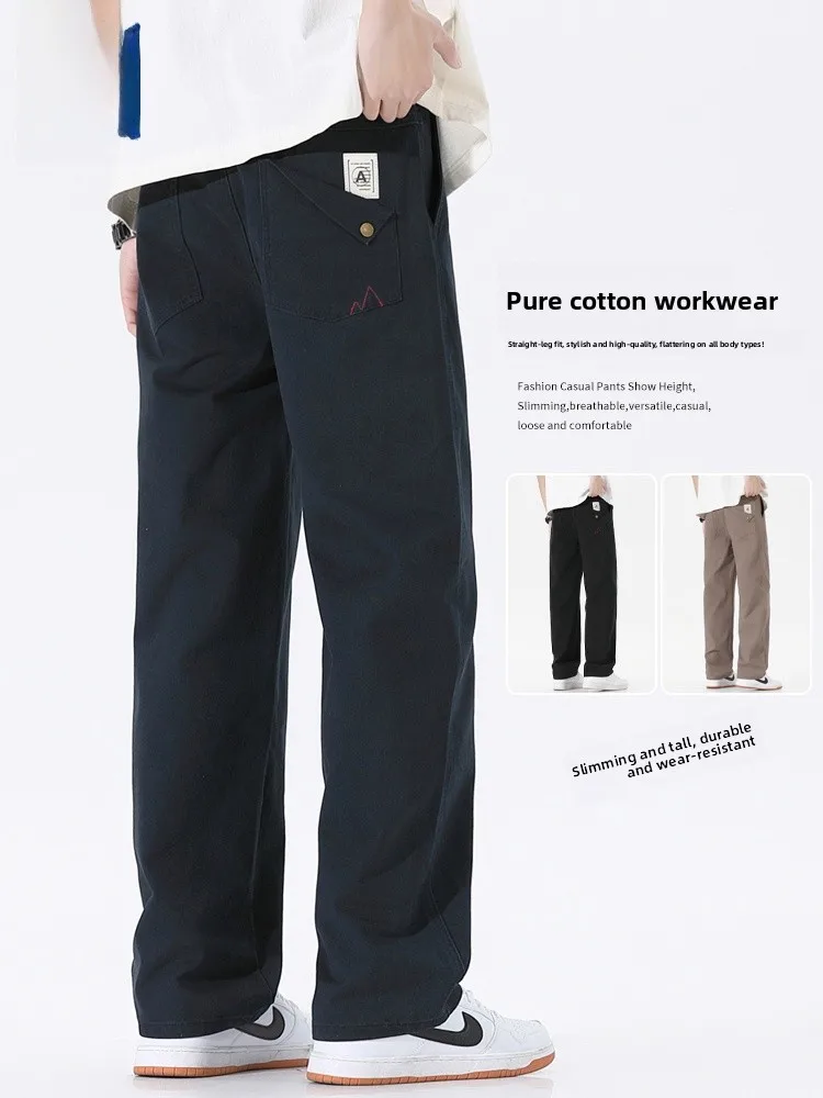 

Waed Pure Cotton Work Trousers Men's Spring Autumn Loose Straight Leg Knife Pants Teenage American Casual Pants