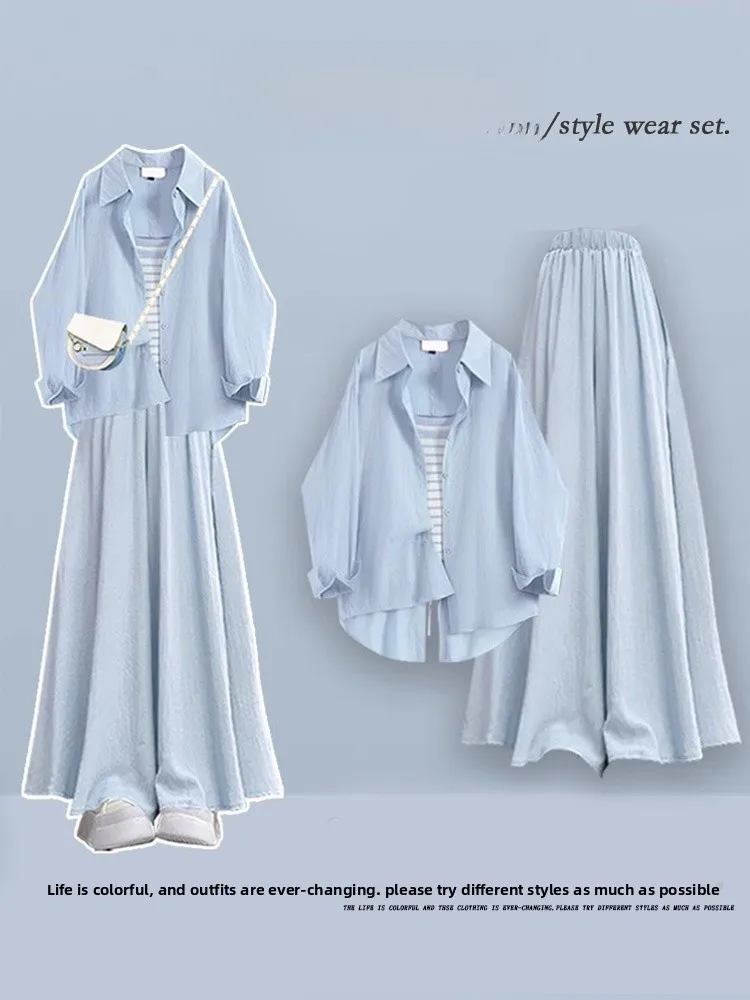 ชุดเซ็ตเสื้อยืดแขนยาวลายทางสำหรับผู้หญิง สไตล์ลำลอง ใส่สบาย ป้องกันแสงแดด เหมาะสำหรับฤดูใบไม้ผลิและฤดูร้อน พร้อมกางเกงขายาวลำลอง และเสื้อเชิ้ตแขนยาวคอปกติดกระดุม