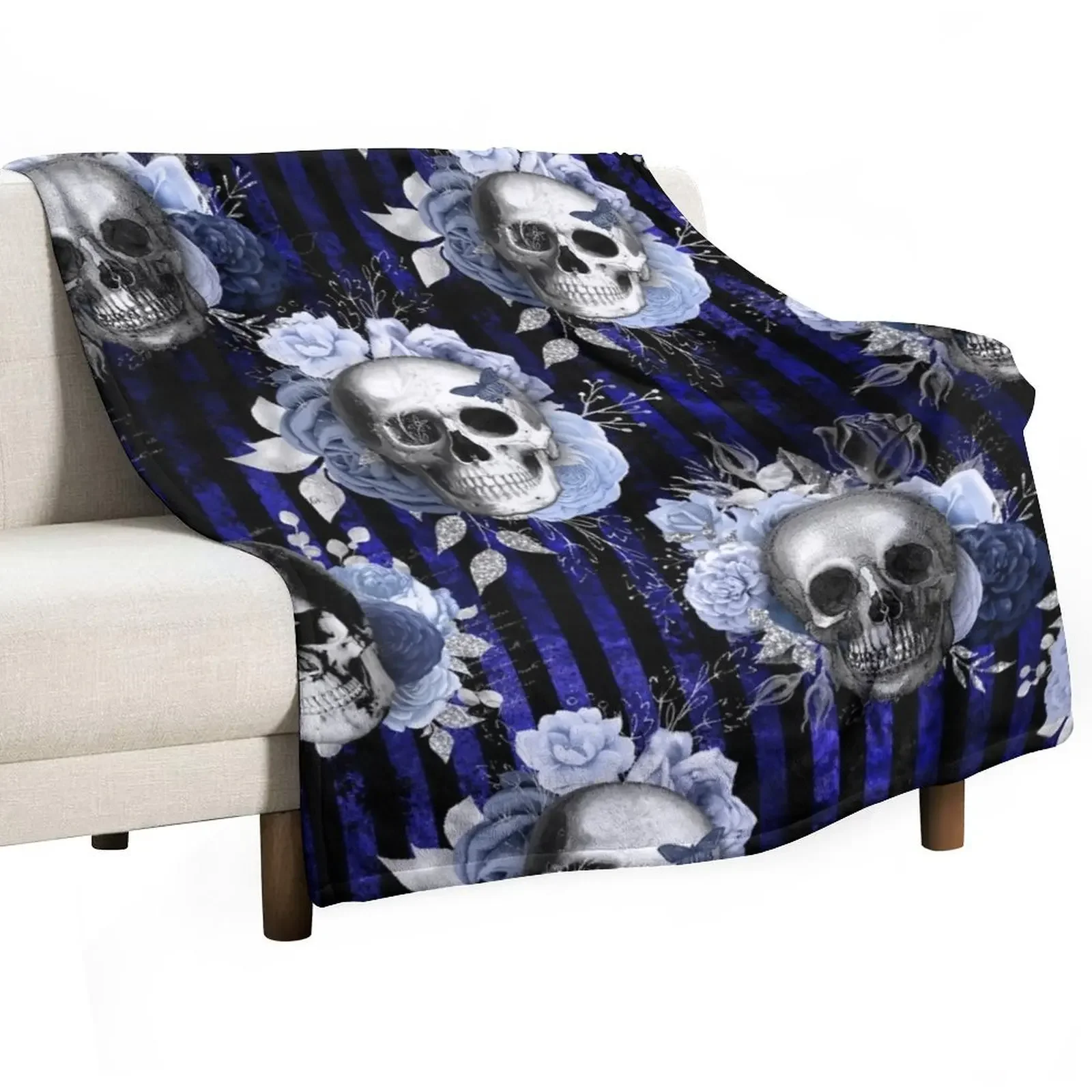 

Watercolor Roses and Vintage Skull Mixed Media Pattern. Gothic blue dark beauty. Throw Blanket Shaggy Luxury Thicken Blankets