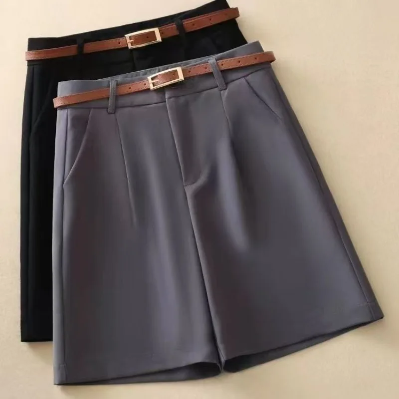 

Black Suit Shorts for Women in Summer Loose High Waist Straight Short Pants Women Fashion Solid Color Gift Belt Casual Shorts