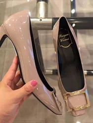 Spring Autumn Popular Square Head Thick Heel Single Shoes Women Commute Medium Heel Square Buckle Patent Leather Wedding Shoe...