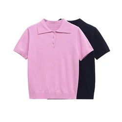 YENKYE New 2025 Women Basic Jersey Polo Collar T Shirt Short Sleeve Front Button Rib Trim Tees Spring Summer Crop Top