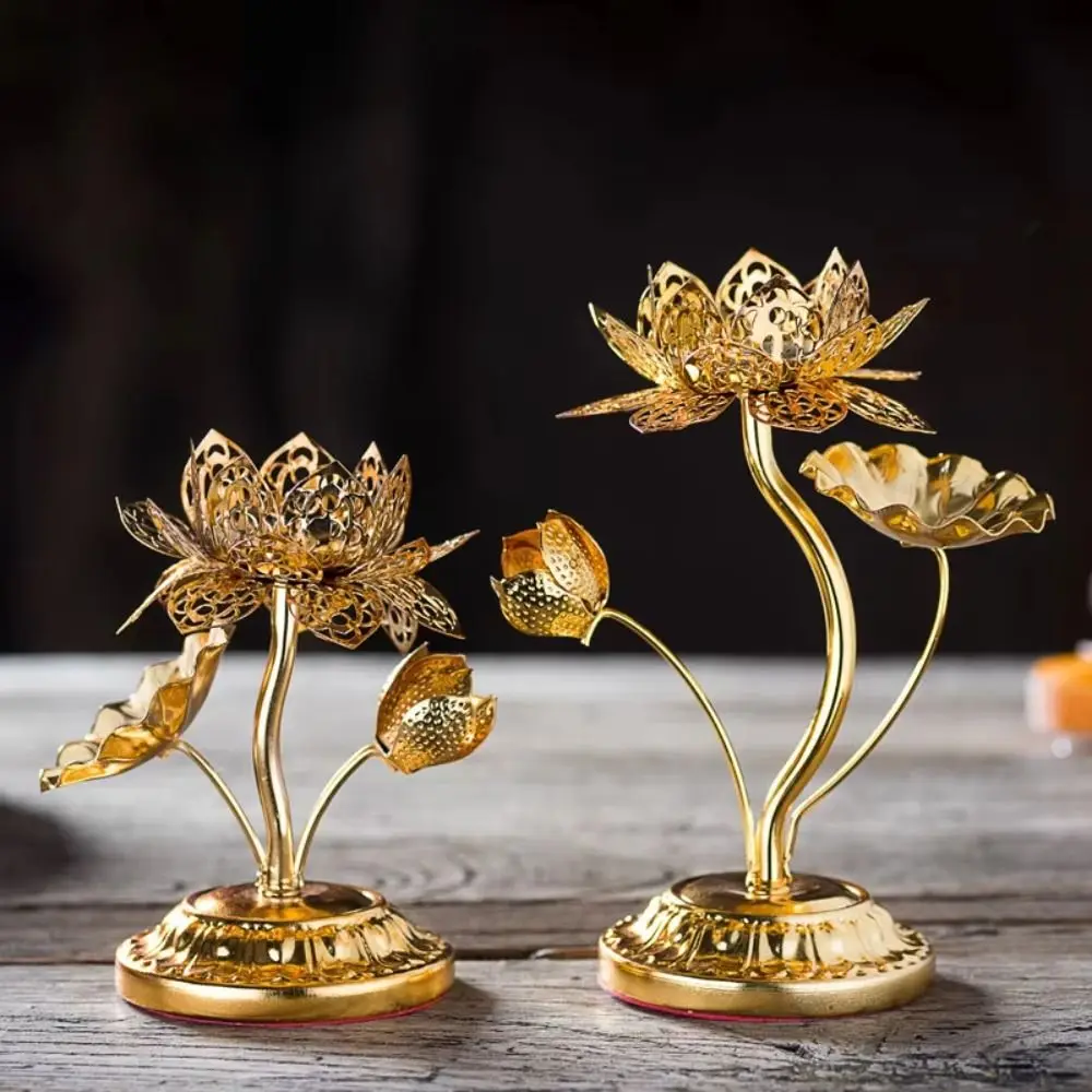 Fashion Farmhouse Candle Holder Gold Leaf Hollow Lotus Candlestick Alloy High Foot Butter Lamp Holder