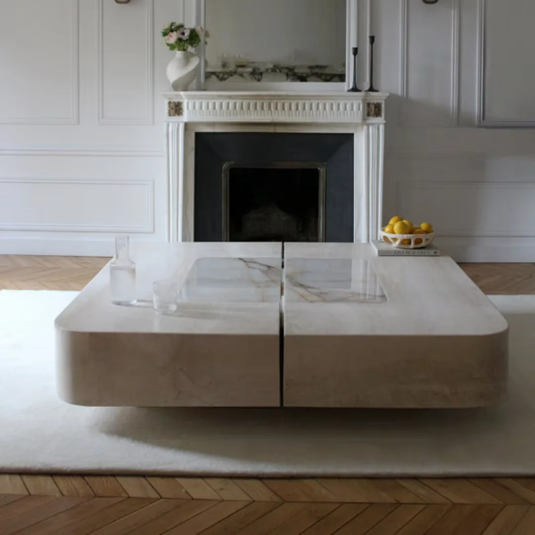 Square Large Modern Living Room Cloud Travertine Basic Glossy White Onyx Coffee Table Nested Marble