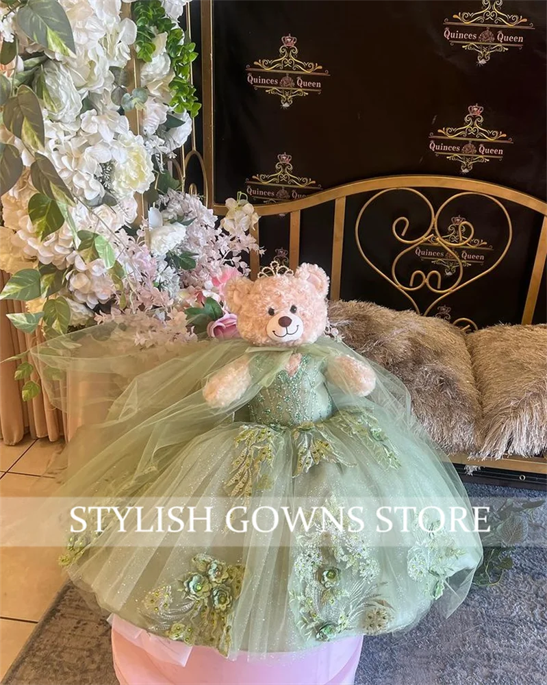 Green V Neck Special Link For Personalized Quinceanera Teddy Bear Dress Exquisite Beaded Flowers Appliques Customized