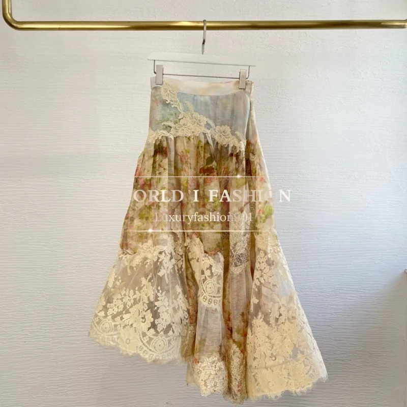 Beige Yellow Lace Patchwork Irregular Hem Skirt 2025