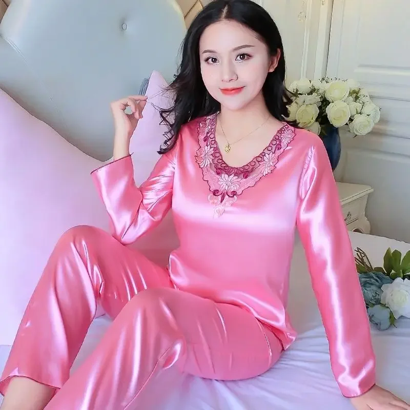 Large size pajamas for women, spring and autumn styles, ice silk thin style, sexy long sleeved home clothing set, summer